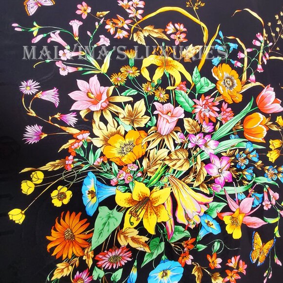 GUCCI SCARF SINE AMORE FLORAL BOUQUET FLORA BLACK SILK TWILL SQUARE 35" - Picture 7 of 12